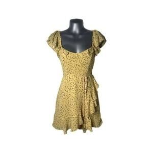 Here Comes The Sun Yellow & Brown Polka‎ Dot Ruffled Mini Dress Size Small